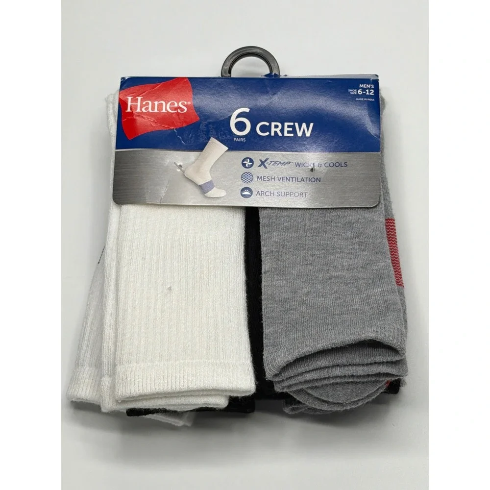 Hanes Mens 6‎ Pack Crew Socks X Temp Wicks Cools Arch Support Shoe Size 6-12